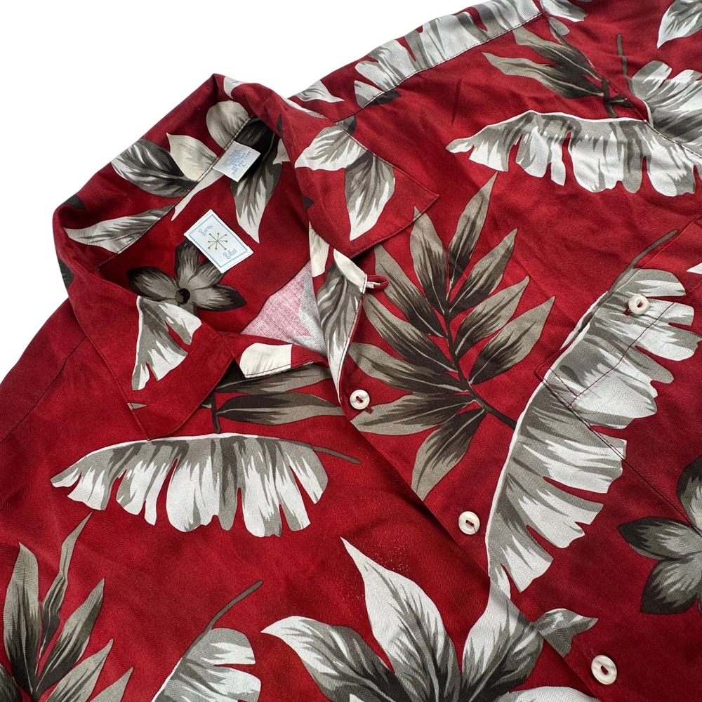 Burma Bibas Mens L Button Up Shirt Red Floral Silk Herringbone Short Sleeve